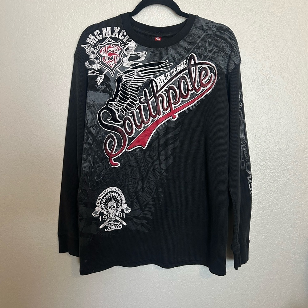 South Pole Black and Gray Graphic Long Sleeve Waffle Tee Sz XXL